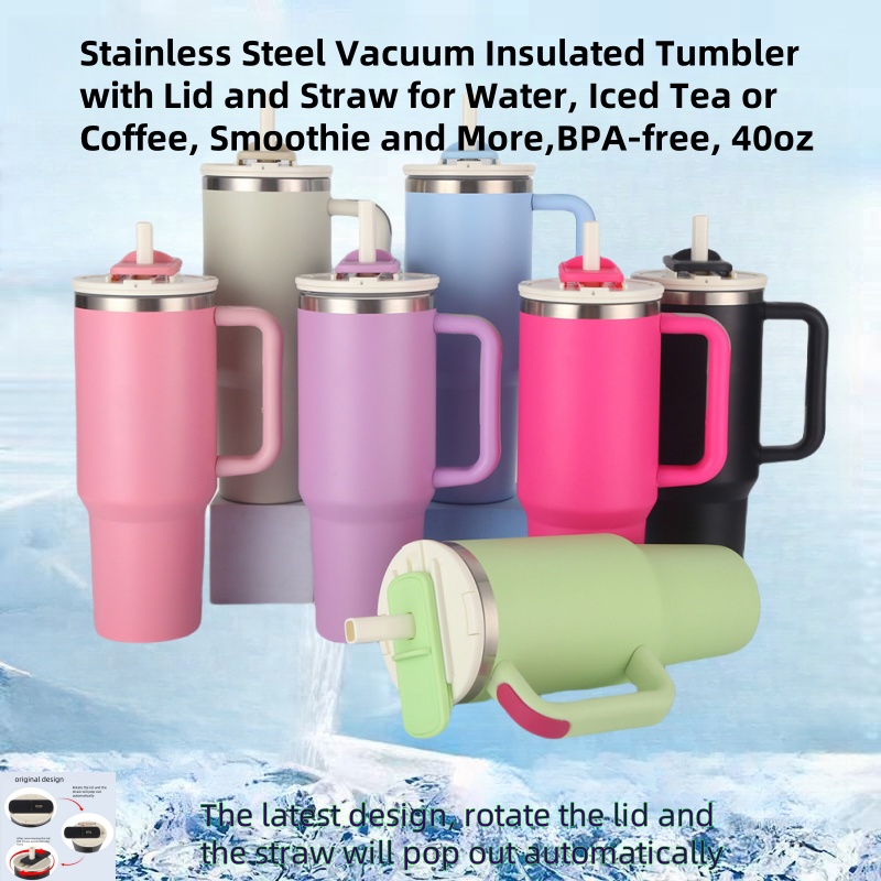 Stainless steel triple-layer insulated travel mug with anti-spill lid, self-extending straw and handle, BPA-free, 40oz