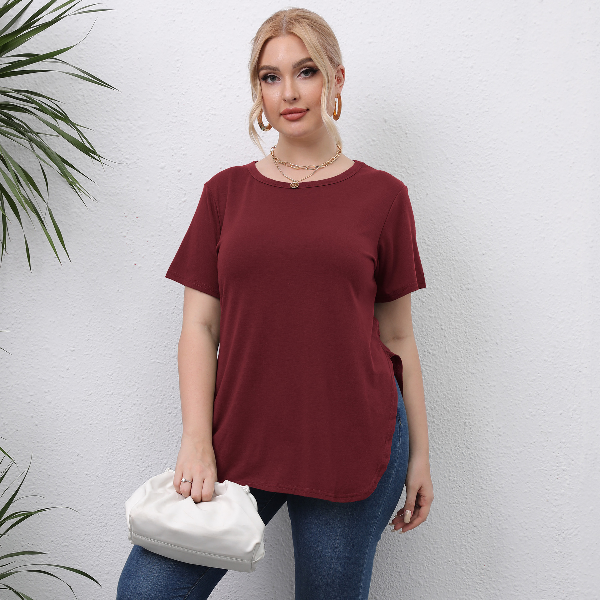 Casual simple top round neck slit short sleeve T-shirt