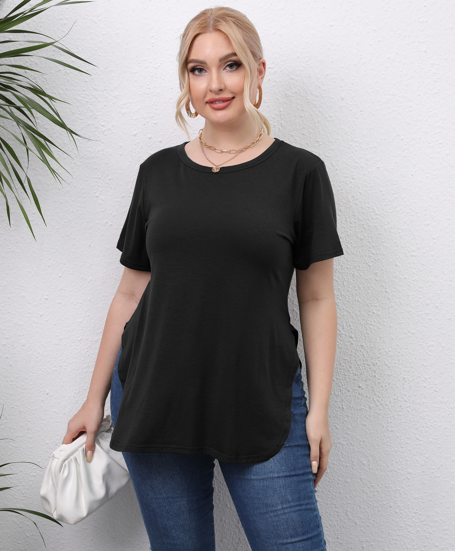 Casual simple top round neck slit short sleeve T-shirt