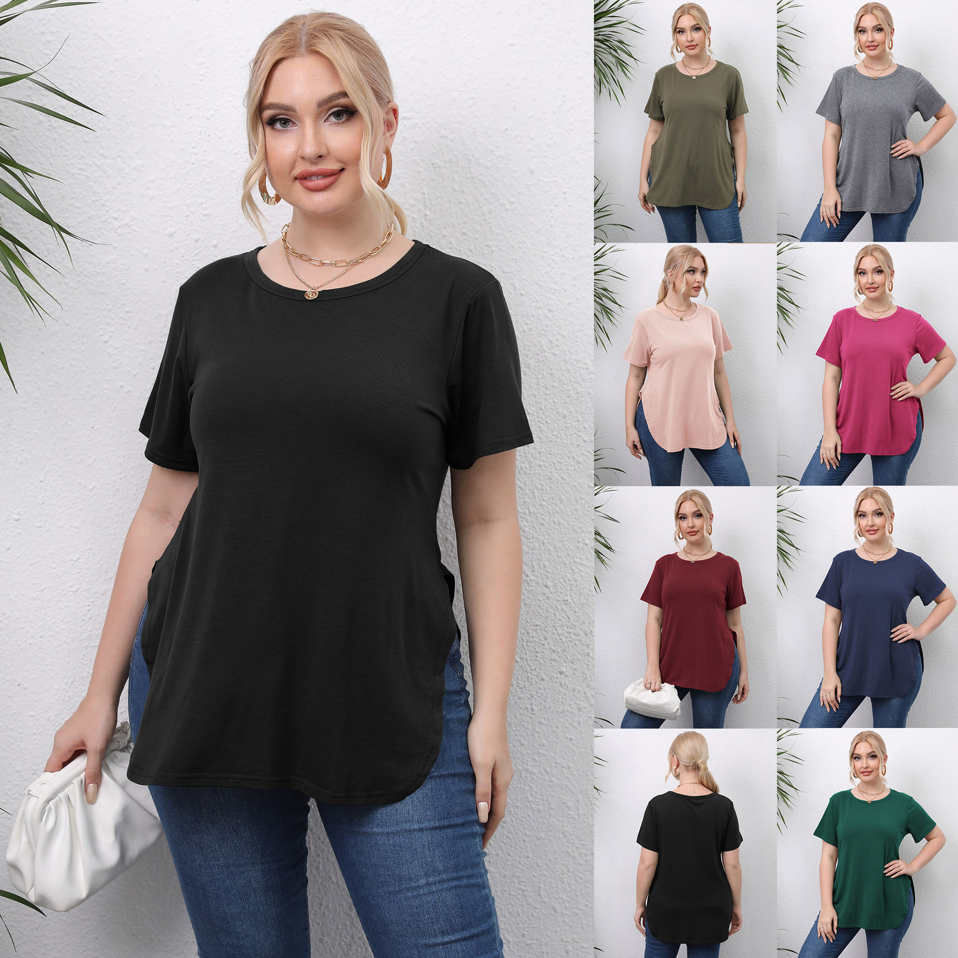 Casual simple top round neck slit short sleeve T-shirt