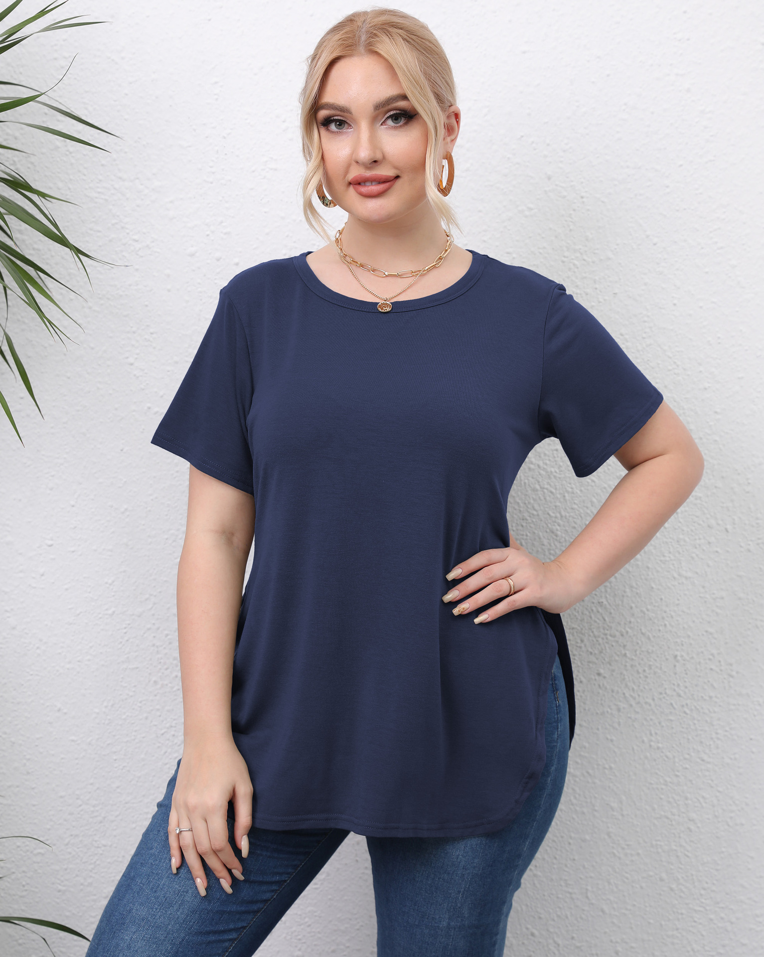 Casual simple top round neck slit short sleeve T-shirt