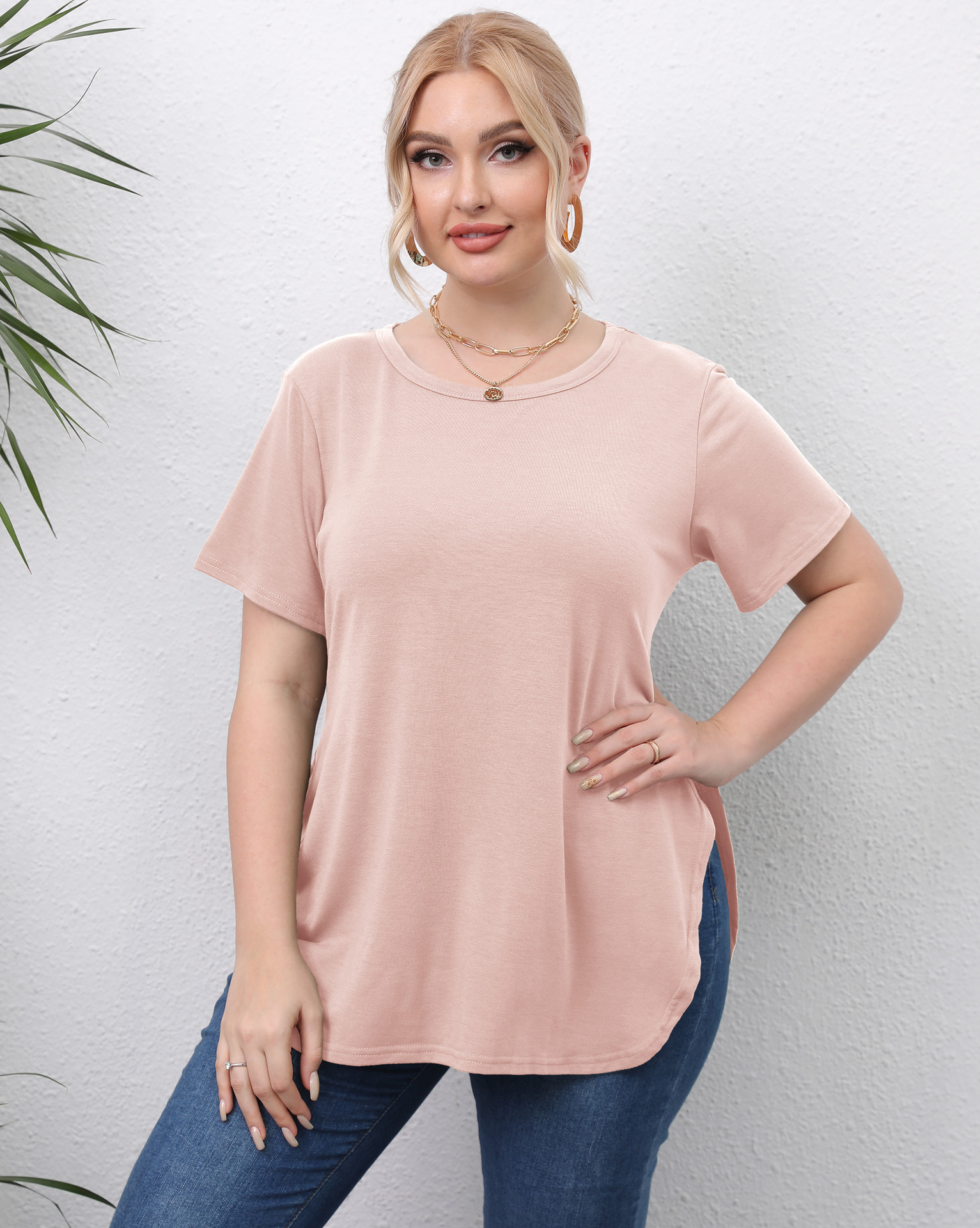 Casual simple top round neck slit short sleeve T-shirt