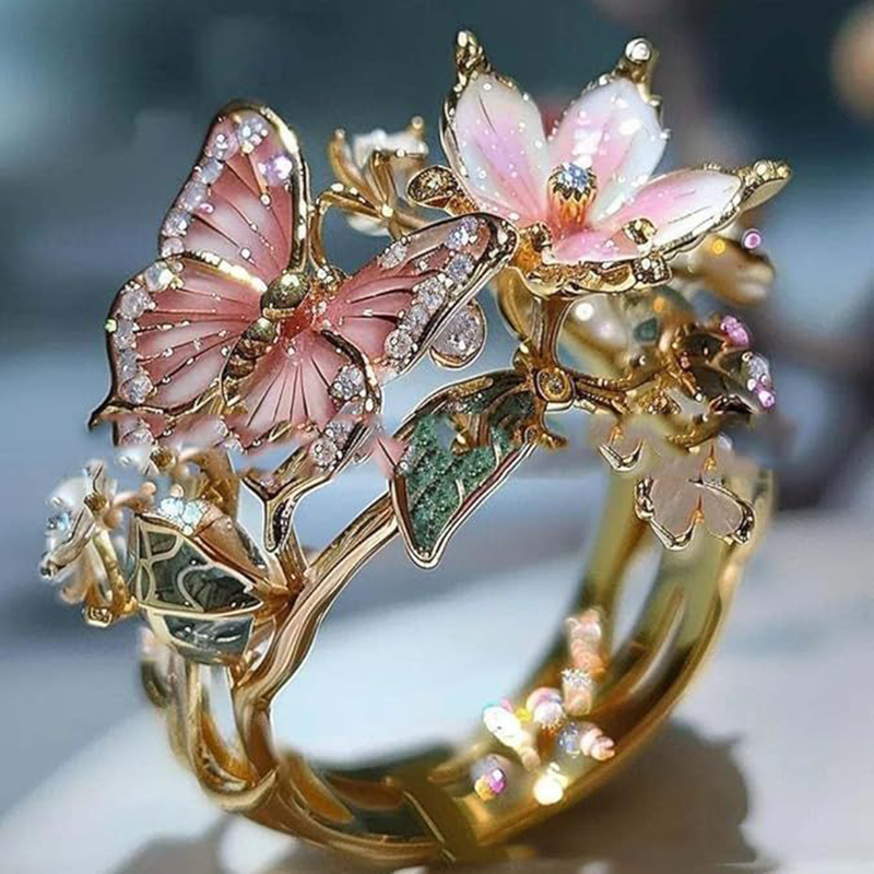 Sinaunang Craftsmanship Katangi-Tanging Sparkling Brilyante Butterfly Flower Ladies Open Pink Ring,Namel Flower Butterfly Ring Para Sa Babae, Maaaring Palitan Ang Sukat Sa Kalooban