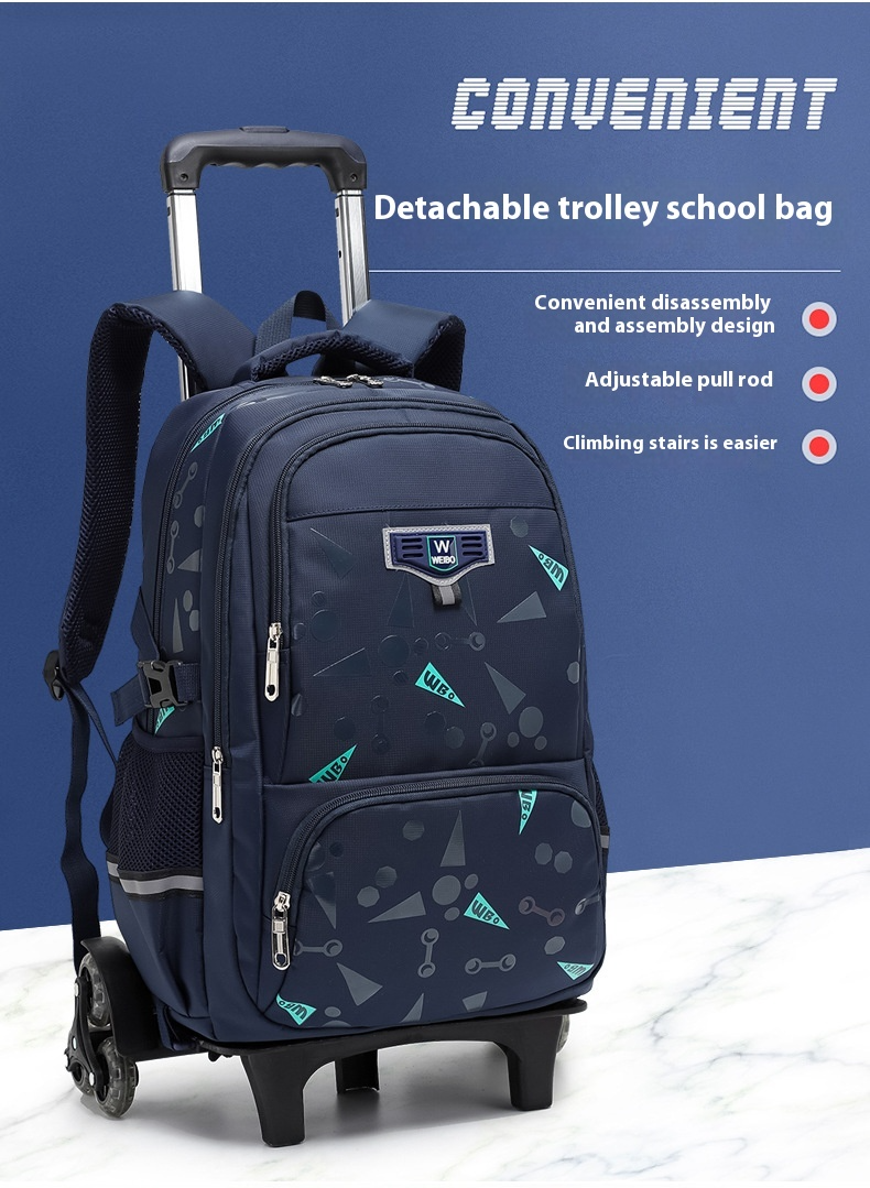 Detachable trolley school bag with six durable shock-absorbing wheels, aluminum alloy handle, waterproof material, and large capacity zippered pocket.